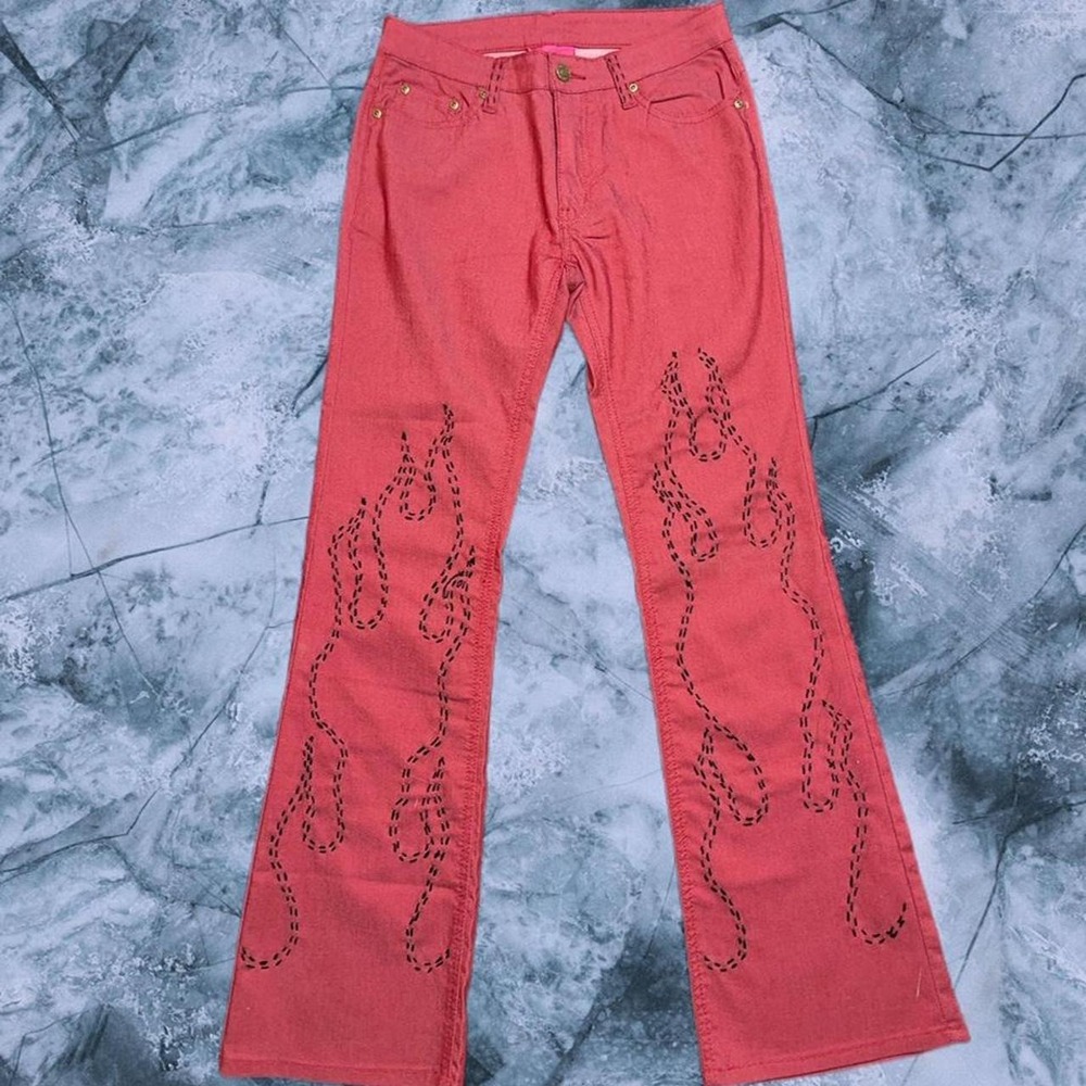 Embroidered Flame Jeans Y2K Punk Grunge Low Rise Pants